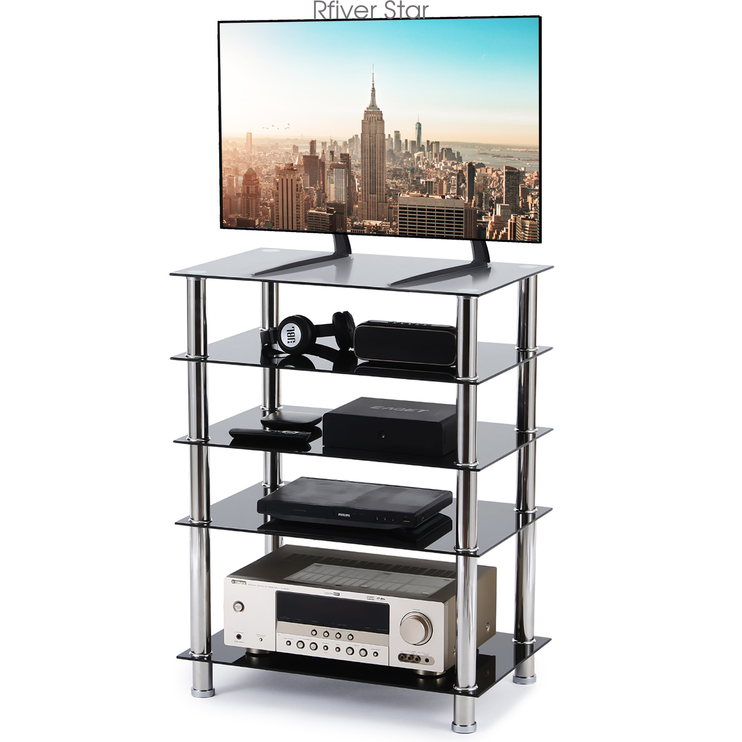 5Tier AV Component Tempered Glass Rack Stand Black Media Audio Tower,Black eBay
