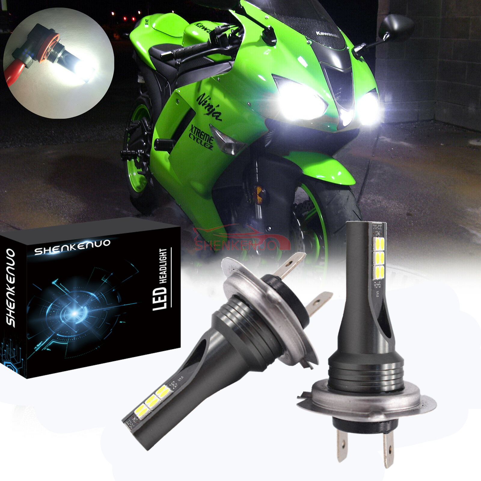 2x H7 Motorcycle LED Headlight Bulb Kit High/Low Beam 100W 10000LM ...