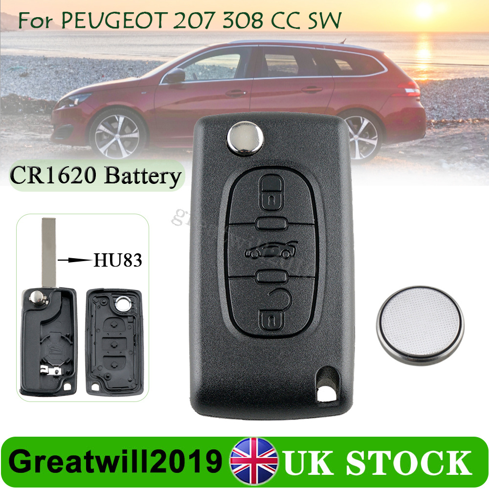 3 Button CE0536 Flip Key Case Fob & CR1620 Battery For Peugeot 207 308