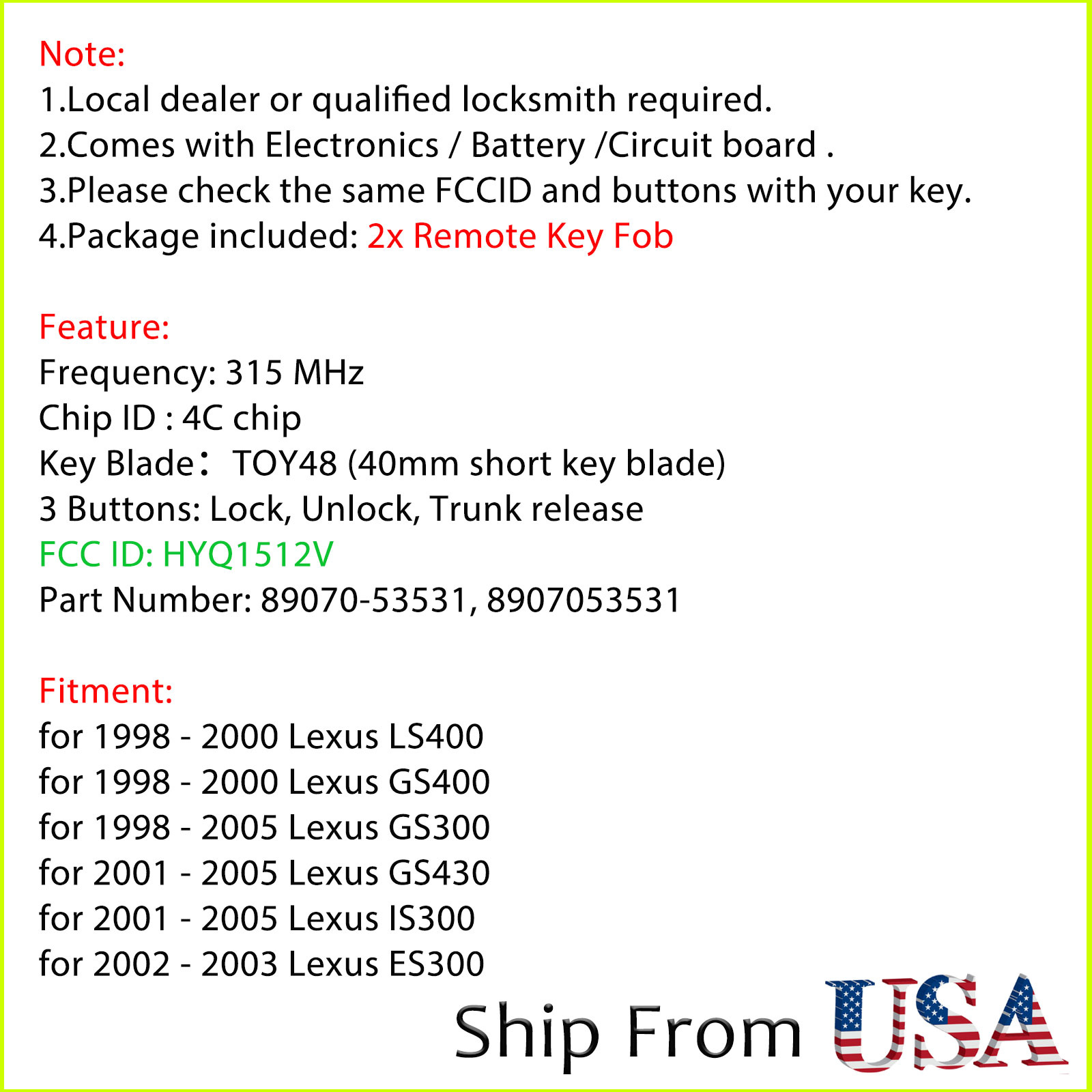 For 2001 2002 2003 2004 2005 Lexus GS300 IS300 GS430 Remote Car Key Fob 4C Chip