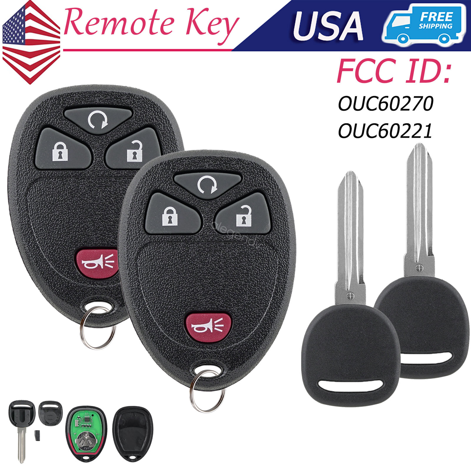 2 Replacement for GMC Yukon Keyless Entry Remote Fob + Key for 15913421 OUC60270