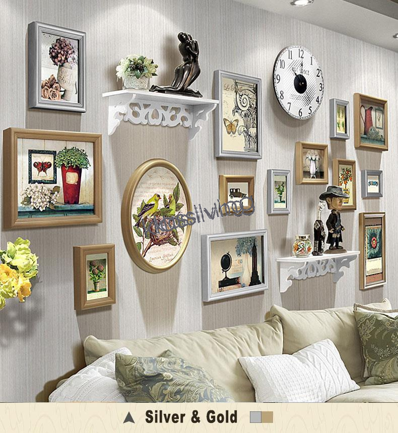 14 PCs Photo Frame Set Wall Art Decoration with Floating Shelf and Vintage Clock - Picture 19 of 21