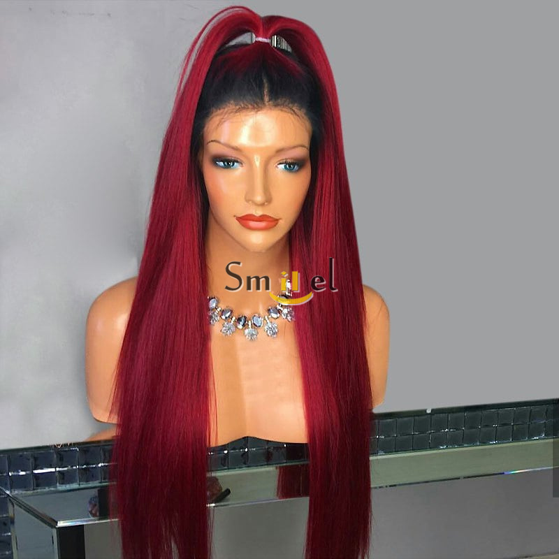 Details About Black Ombre Dark Red Long Lace Front Wig Straight Free Part Synthetic Hair Sexy