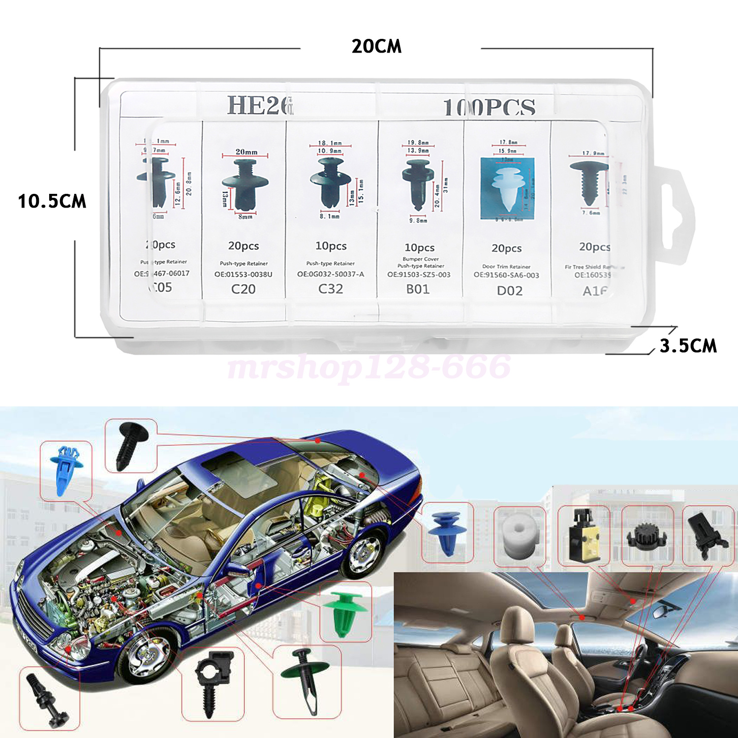 6 Size100pc Clip Trim Car Push Pin Rivet Bumper Door Panel