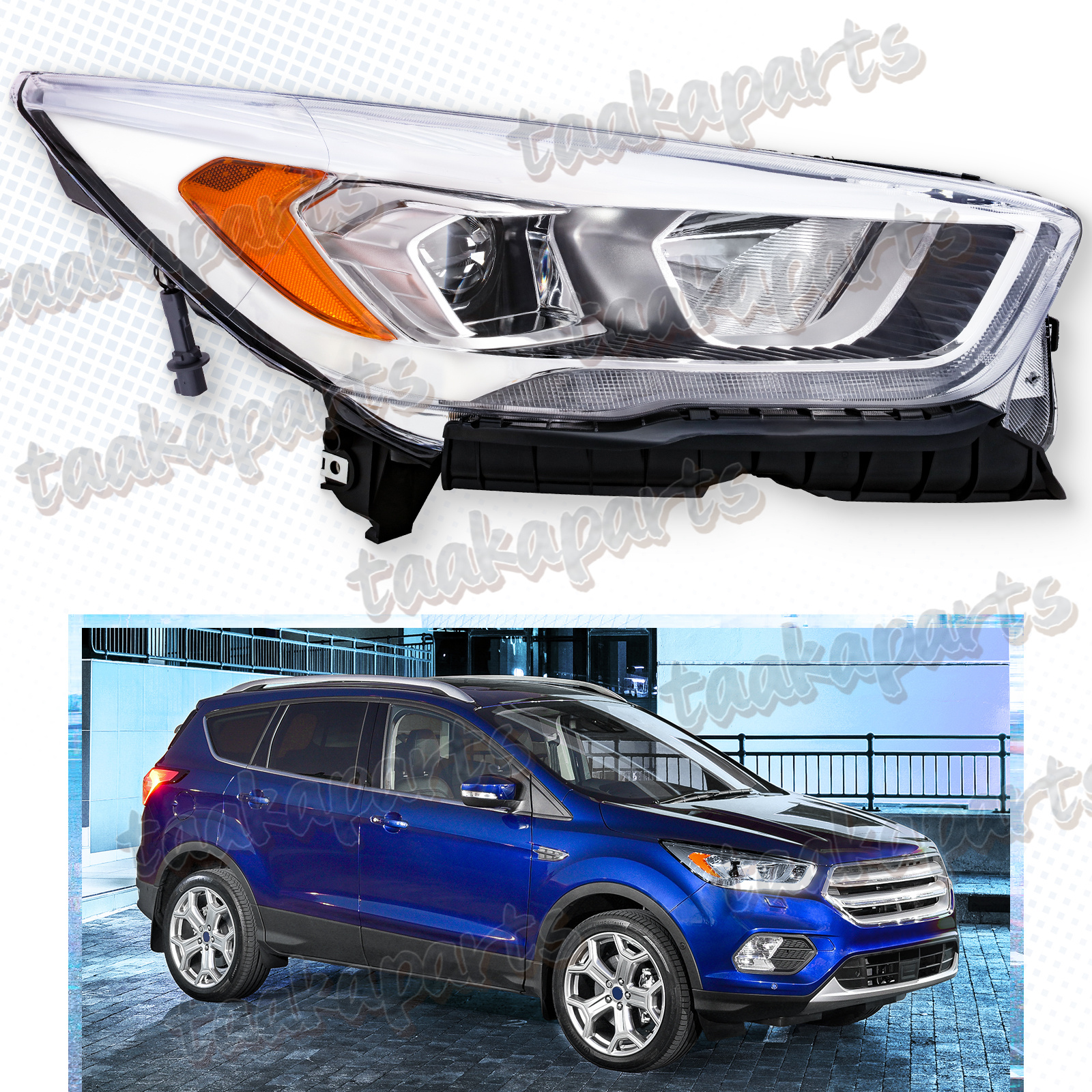 Passenger Side Headlight For 2017-2019 Ford Escape - Chrome Halogen LED DRL Projector Light