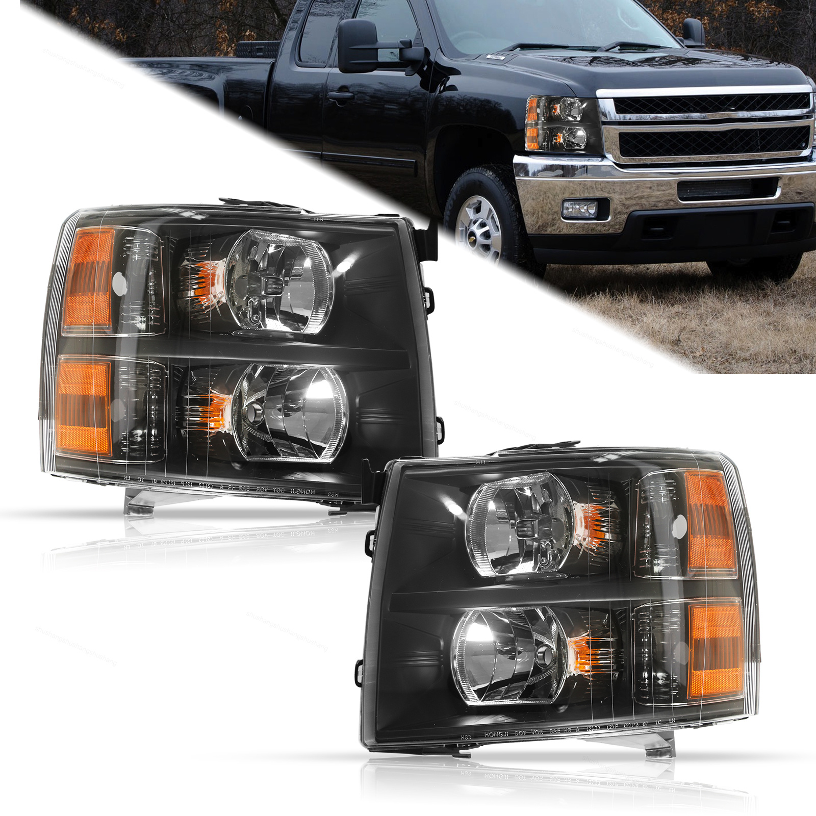 Black Housing Headlights LH+RH For 07-13 Chevy Silverado 1500 2500HD 3500HD