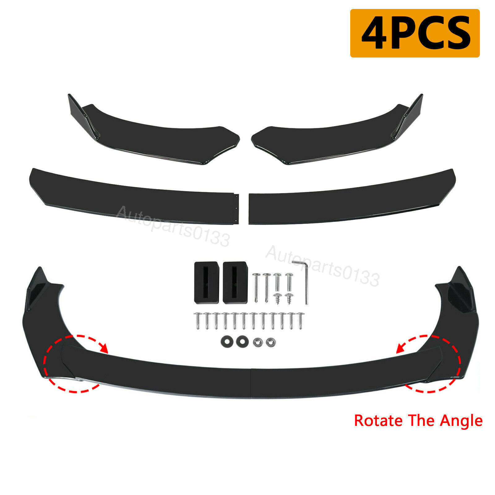 thumbnail image 2 of 8pc Gloss Black Body Kit For Corolla SE Sedan – Front/Rear Bumper Lip, Side Skirt, Splitter 2 of 5