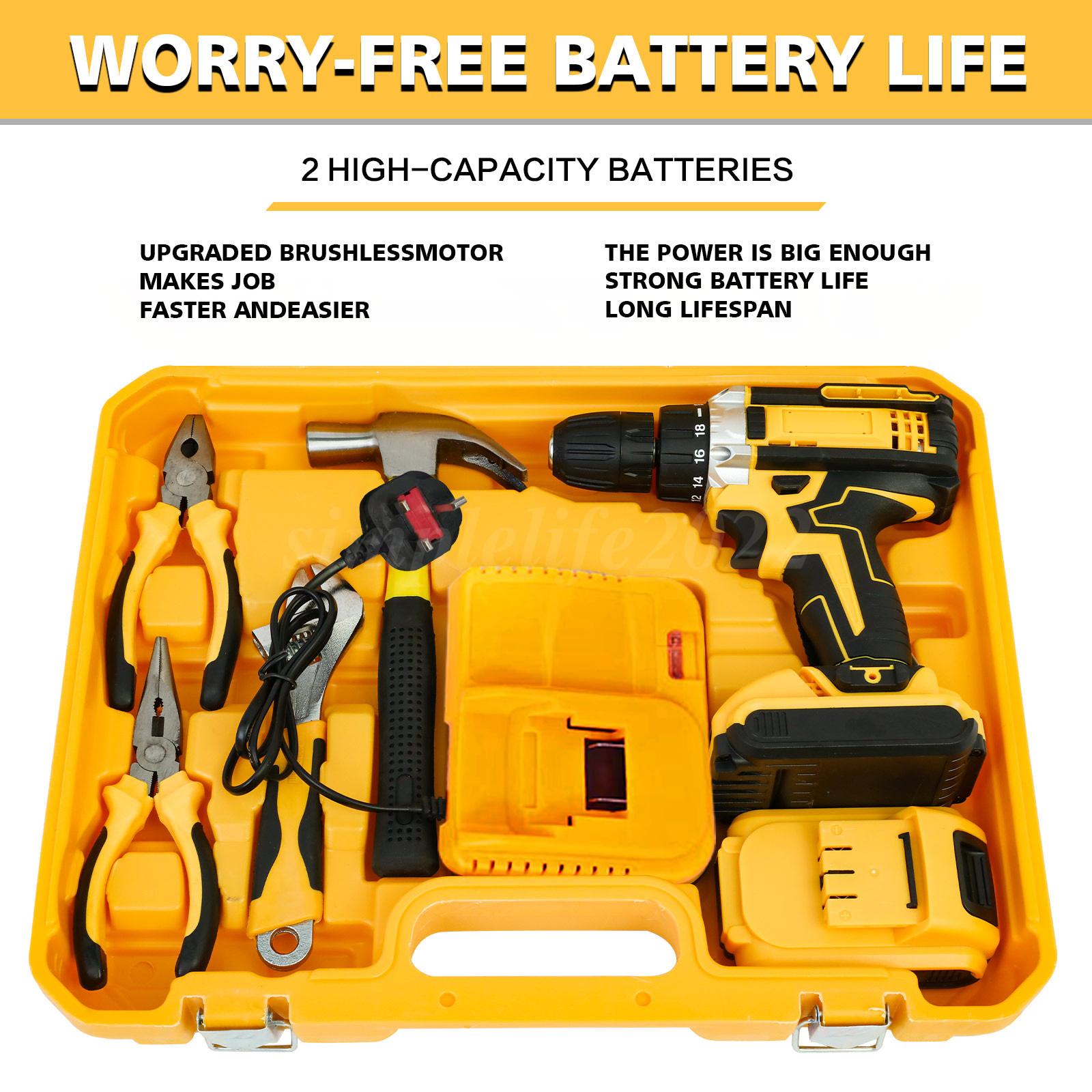 Cordless Brushless Impact Driver Hammer Drill Combo Kit with 2 Battery ...