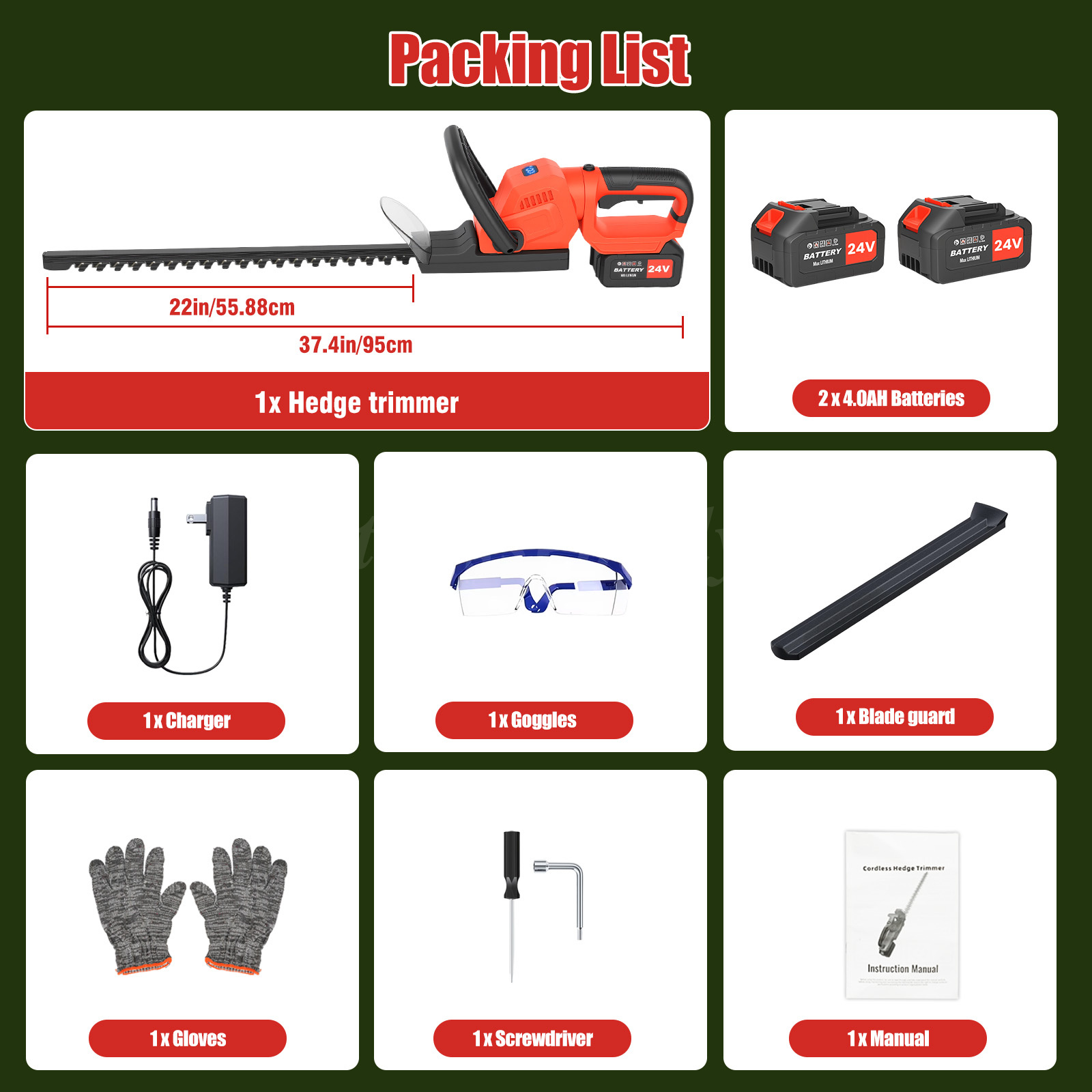 22Inch Cordless Hedge Trimmer Cordless Electric Hedge Trimmer w/2* 24V Battery