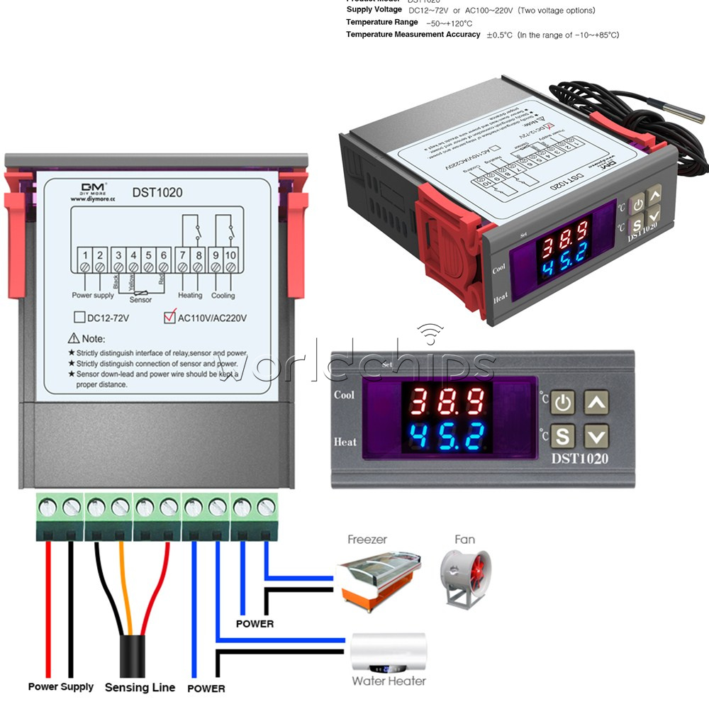 Digital Dual Display Thermostat Temperature Control DS18B20 DST1020 AC 110-230V