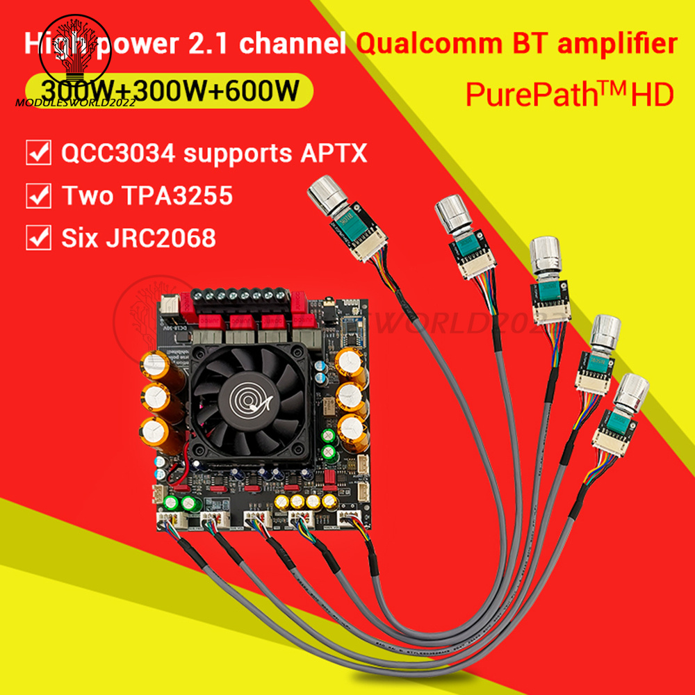 ZK-APTX3 2x300W+600W TPA3255 Bluetooth Power Amplifier Board 2.1CH