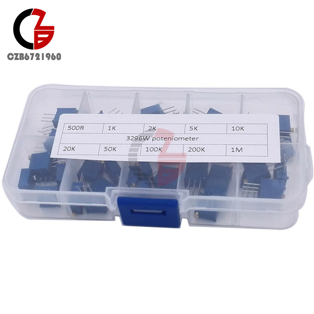 50PCS 10 valor 3296 multiespira resistencia variable Trimmer Potenciómetro Kit Estuche