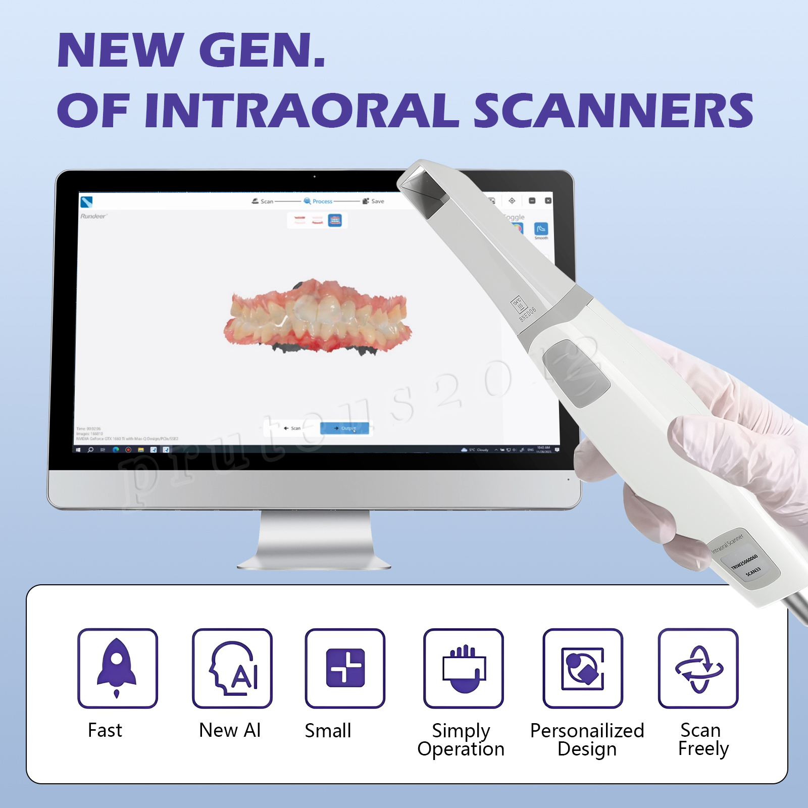 Dental Intra-oral Scanner 3D Real-time Display w/ AI Scanning Software + Tips