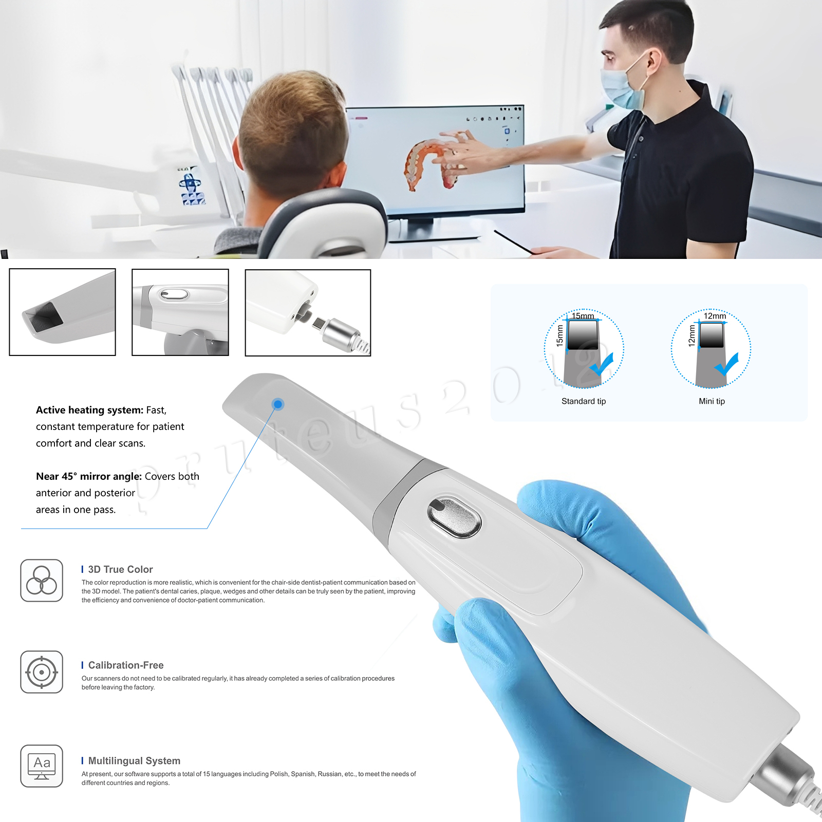 Dental Intra-oral Scanner 3D Real-time Display w/ AI Scanning Software + Tips