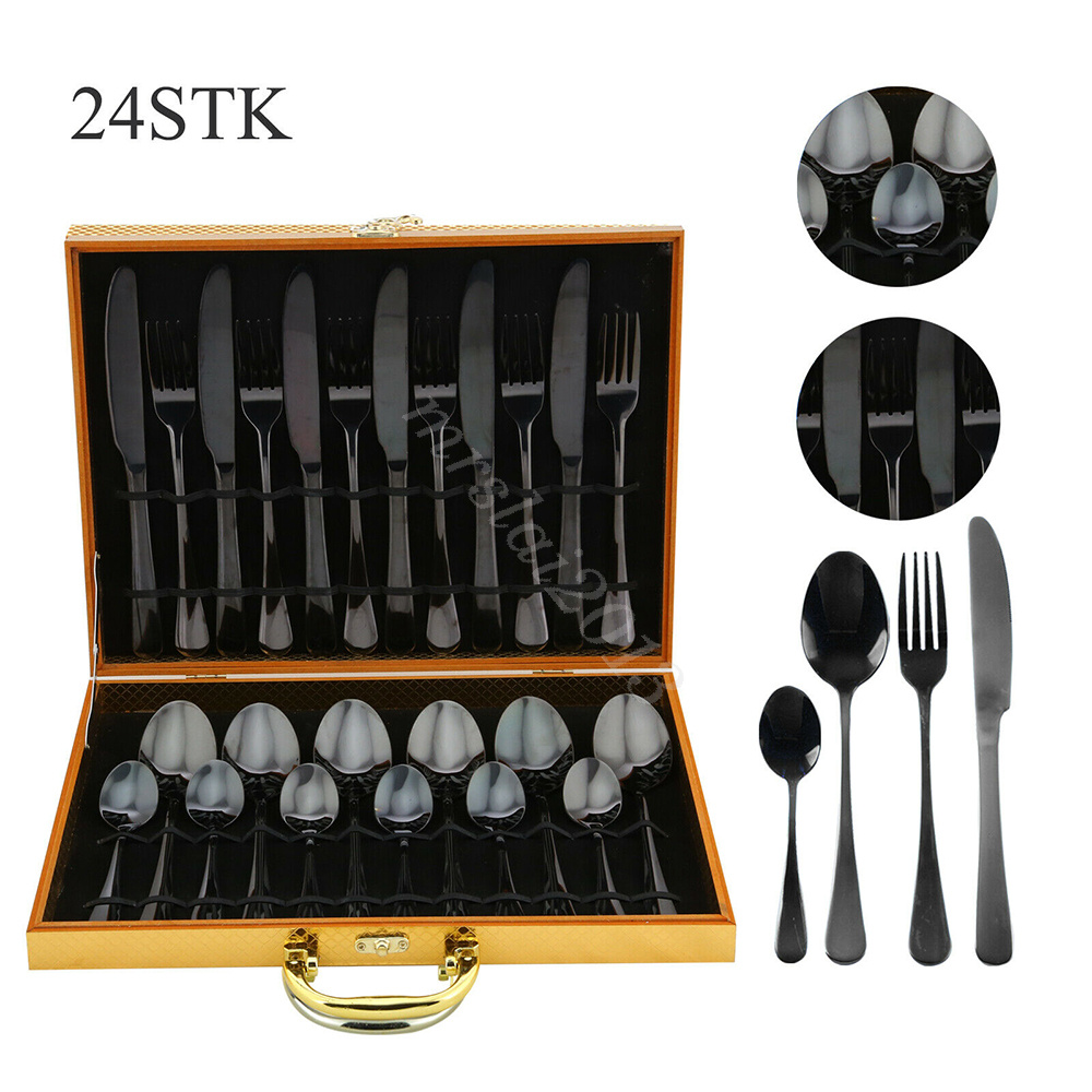 24 pcs cutlery set stainless steel cutlery in wooden box knife fork spoon sets - Picture 30 of 38
