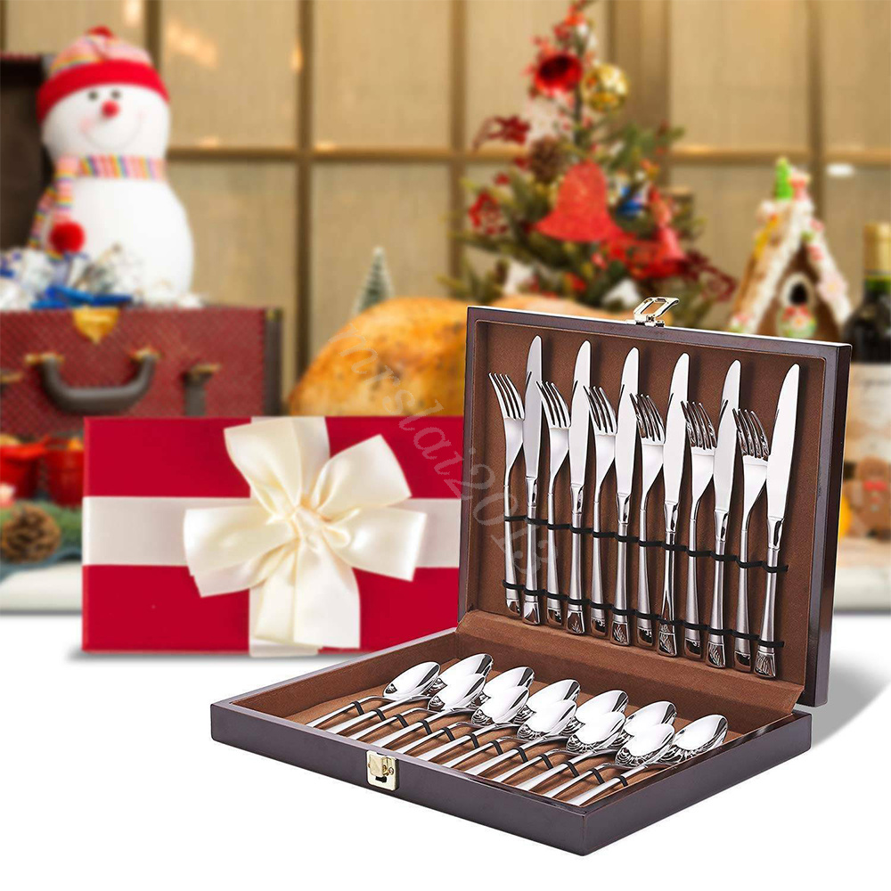 24 pcs cutlery set stainless steel cutlery in wooden box knife fork spoon sets - Picture 18 of 38