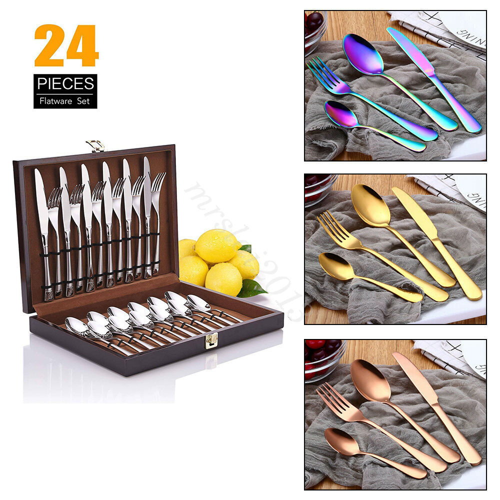 24 pcs cutlery set stainless steel cutlery in wooden box knife fork spoon sets - Picture 19 of 38