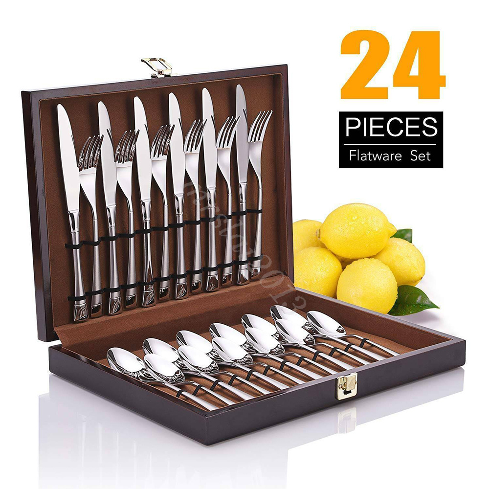 24 pcs cutlery set stainless steel cutlery in wooden box knife fork spoon sets - Picture 21 of 38