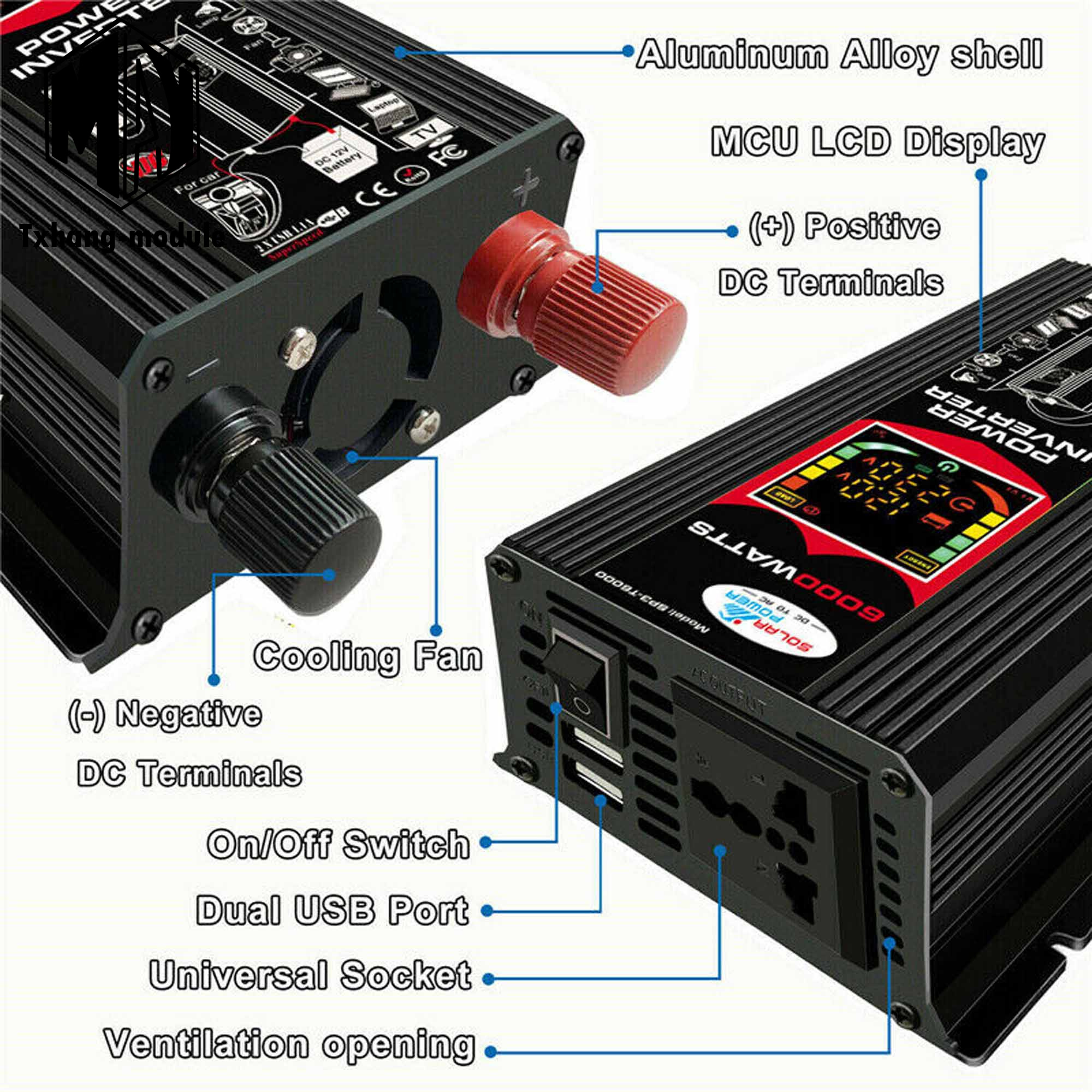 6000W Peak Pure Sine Wave Power Inverter – DC 12V To AC 110V – LCD Display, 500W Continuous – Solar/Car