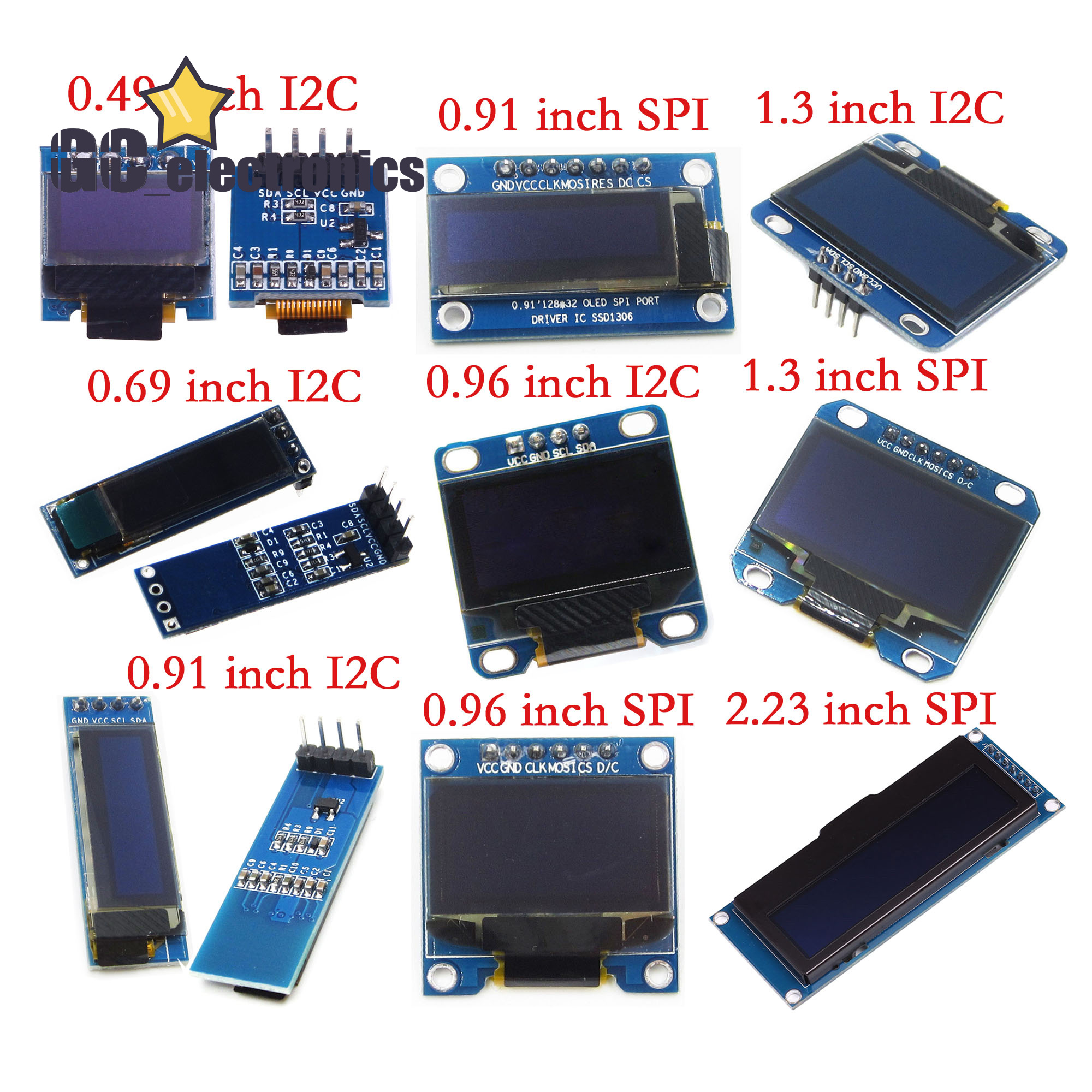 0.49/0.69/0.91/0.96/1.3/2.23 inch OLED Display Module IIC I2C Screen ...