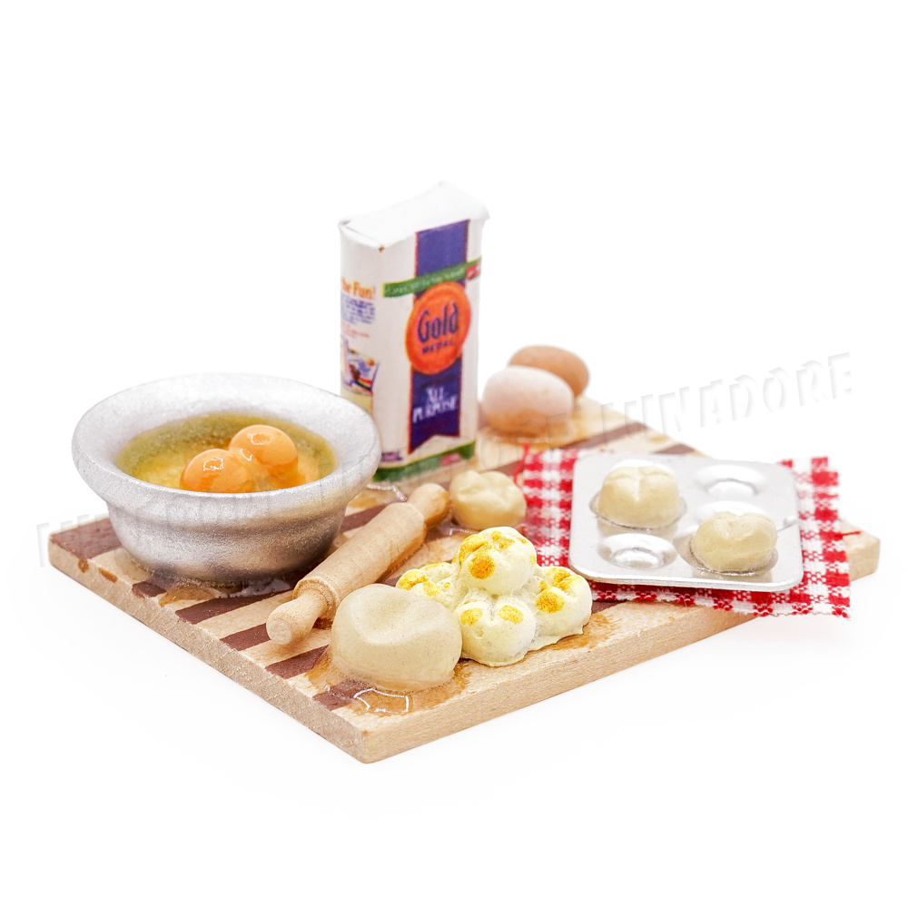 1:12 Baking Bread Egg Flour Cake Rolling Pin Set Cutting Board Kitchen Miniature