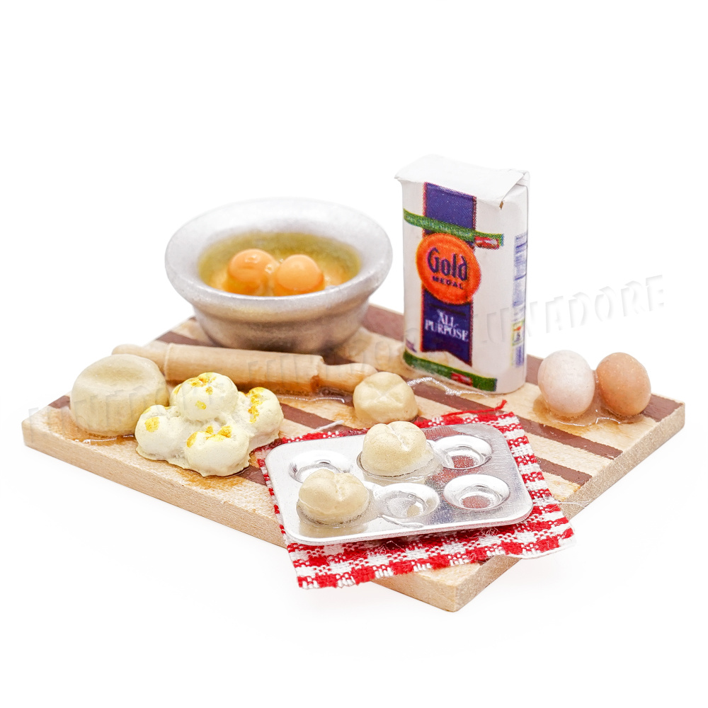 1:12 Baking Bread Egg Flour Cake Rolling Pin Set Cutting Board Kitchen Miniature