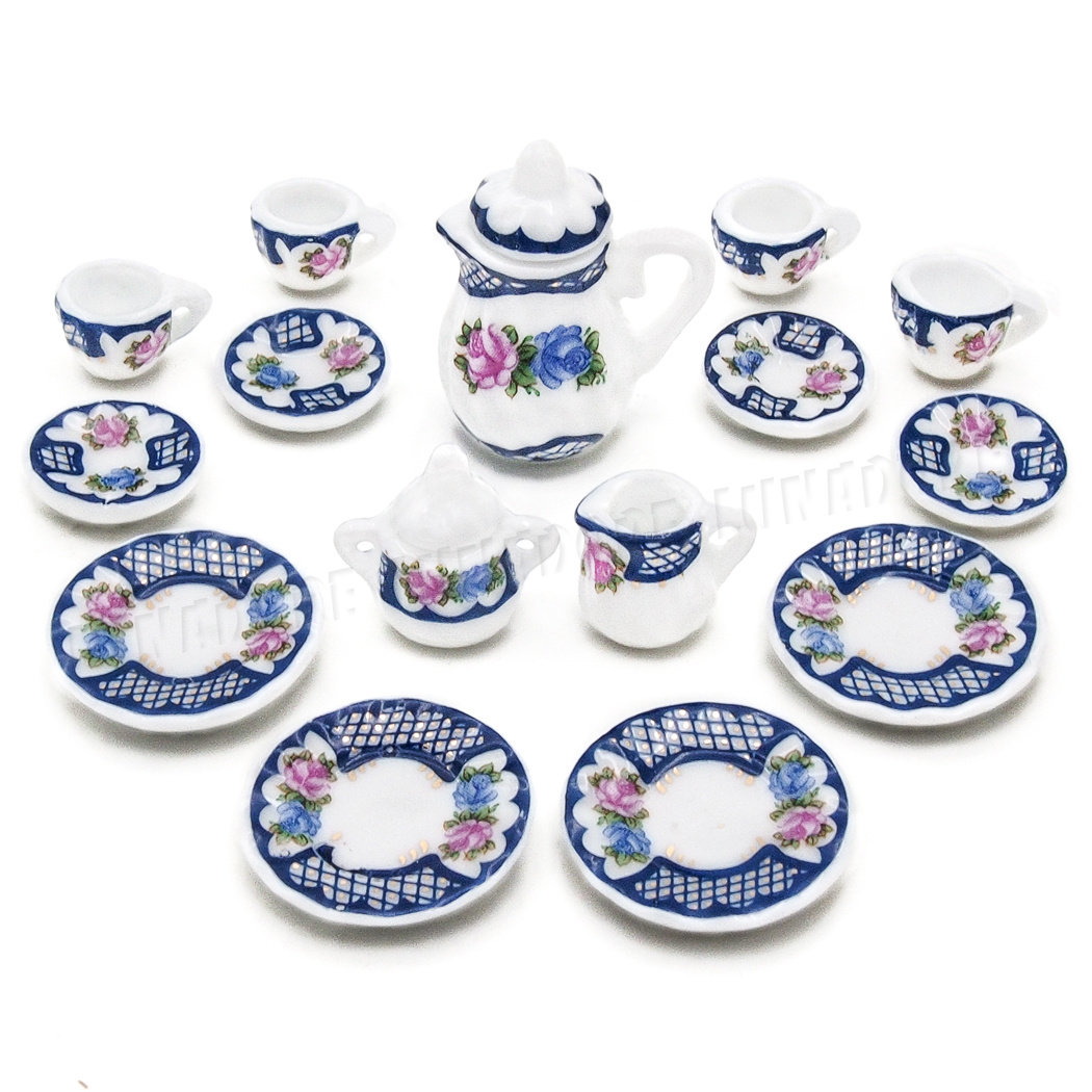 15PCS Blue Flower Porcelain Coffee Tea Cup Miniature 1:12 Dollhouse Decor Gift