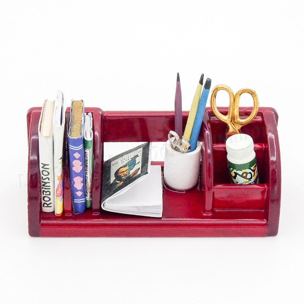 Mahogany Wood Desk Organiser Stationery Box Set Miniature Work Drawer Dollhouse