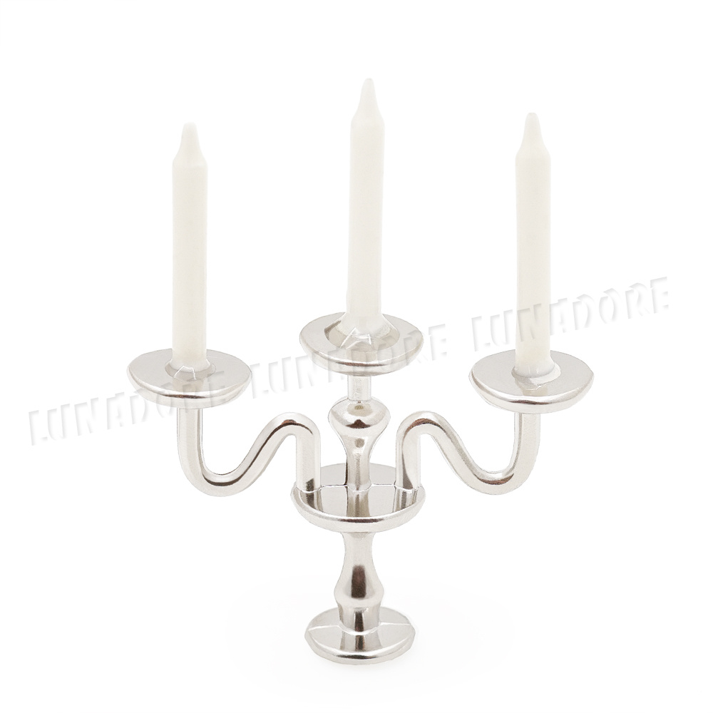 Dolls House Miniature Tableware 3-Arm Candelabra White Candles Gold Decor