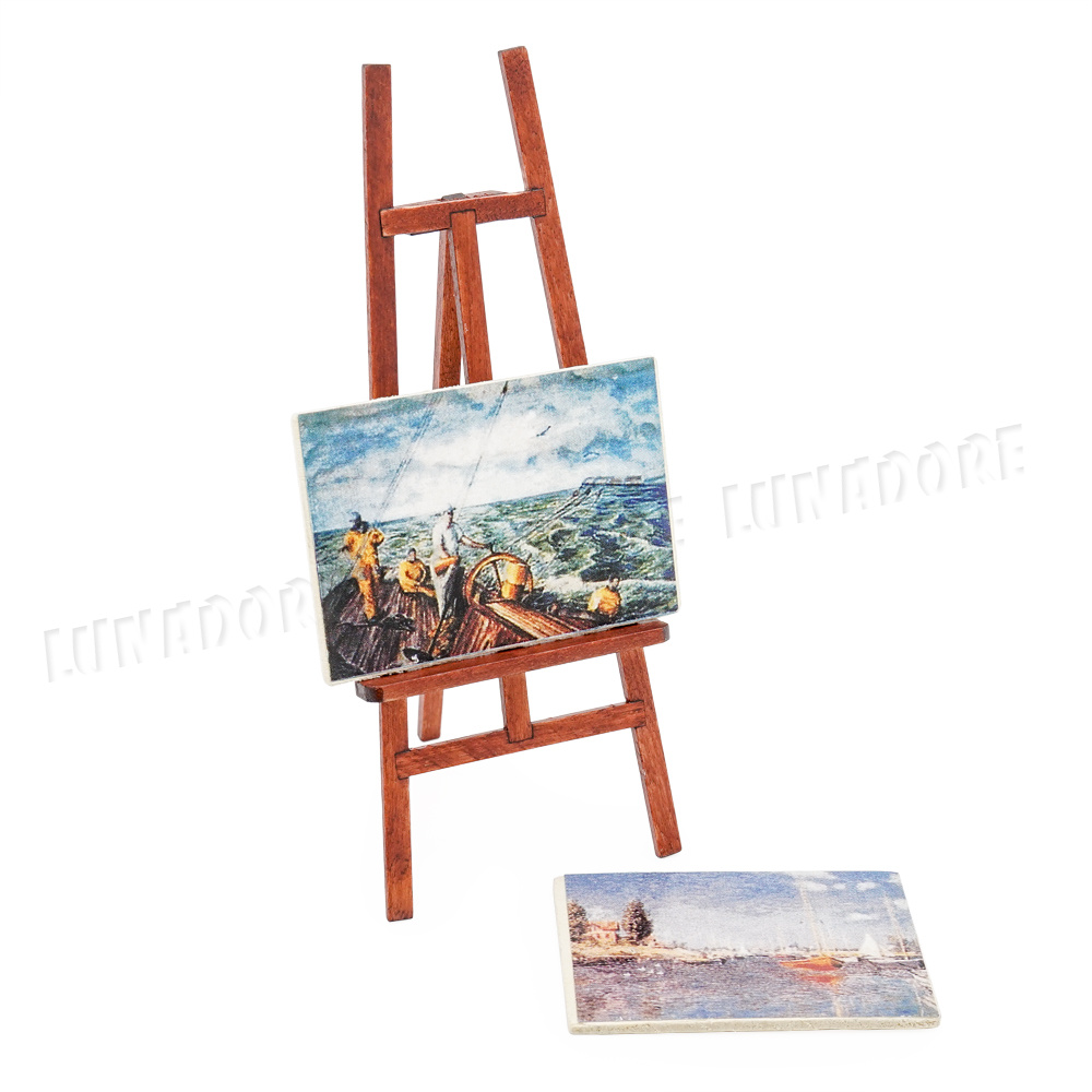 1:12 Miniature Wooden Easel w// 2 Paintings Set Art Painting Dollhouse Toys Decor
