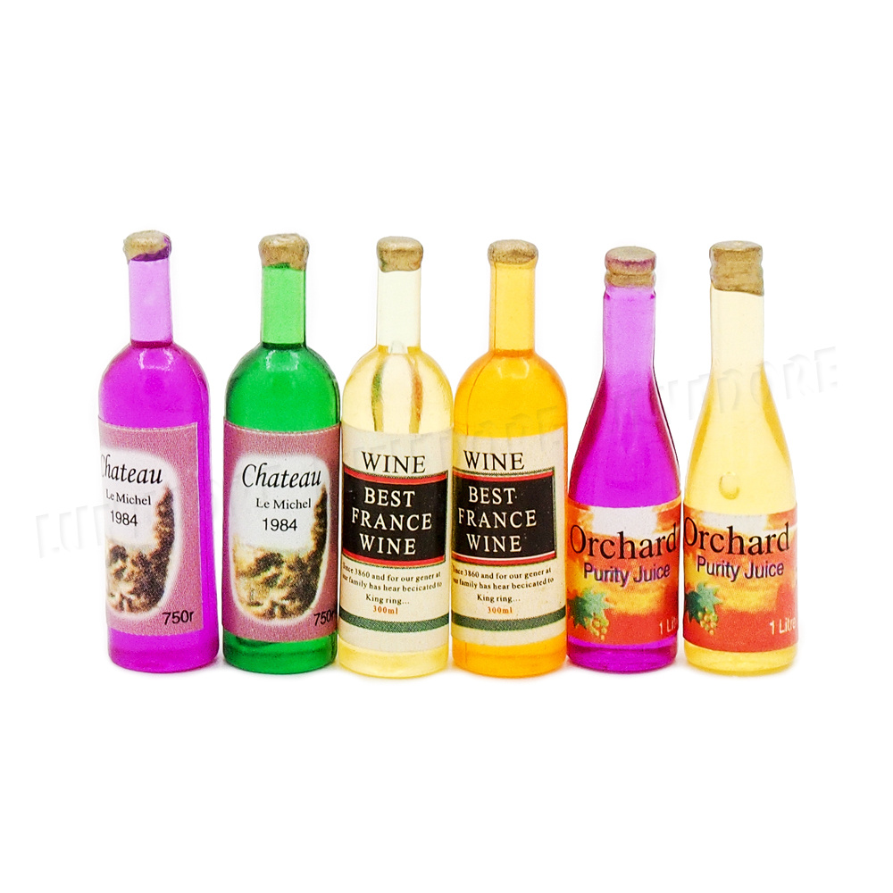 6 pcs Dollhouse Bottles Miniature Beverages Bottle Bar Supplies Beverages 1:12