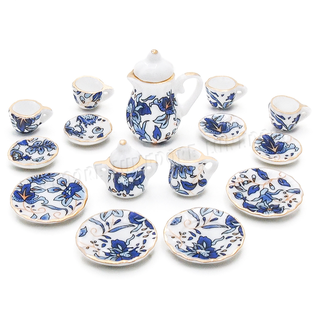 9 Scale 1:12 Piece Blue /& White Floral Ceramic Coffee Set Dollhouse /&