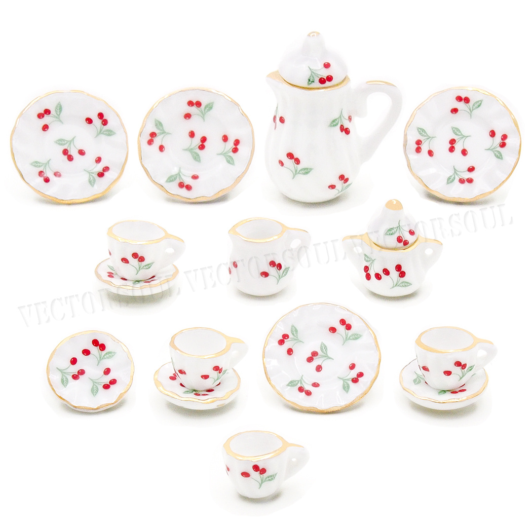 Dollhouse Miniature Set di 15 porcellana tè alla fragola Cup Set 1:12 in Ceramica Top
