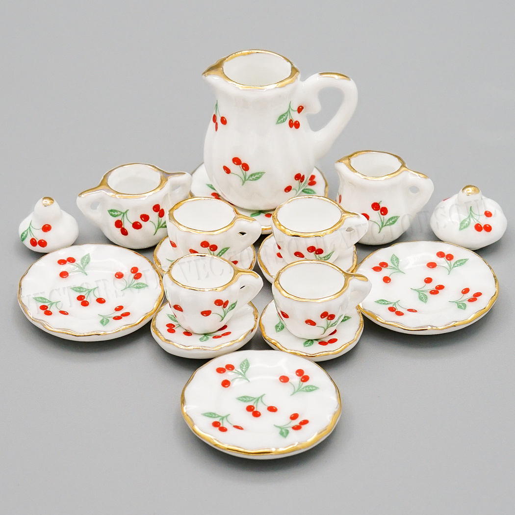 Dollhouse Miniature Set di 15 porcellana tè alla fragola Cup Set 1:12 in Ceramica Top