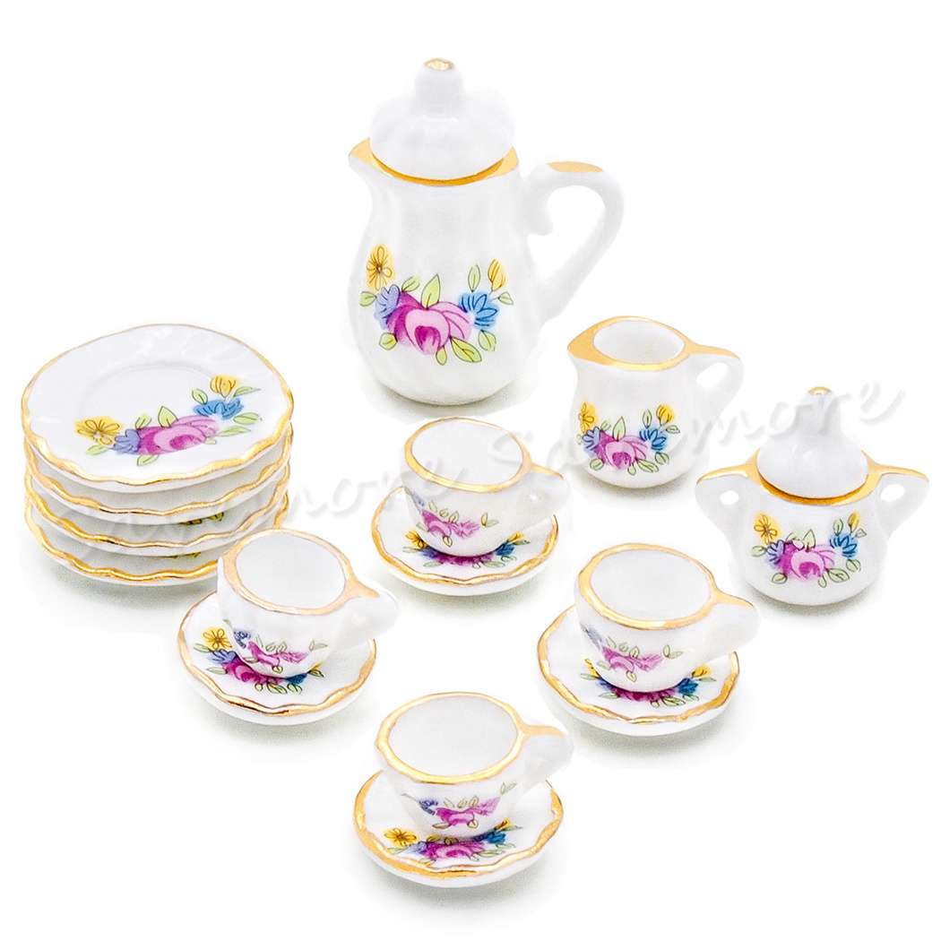 15PCS Porcelain Tea Set Coffee Tea Cup Dollhouse China Ceramic Miniature Beauty
