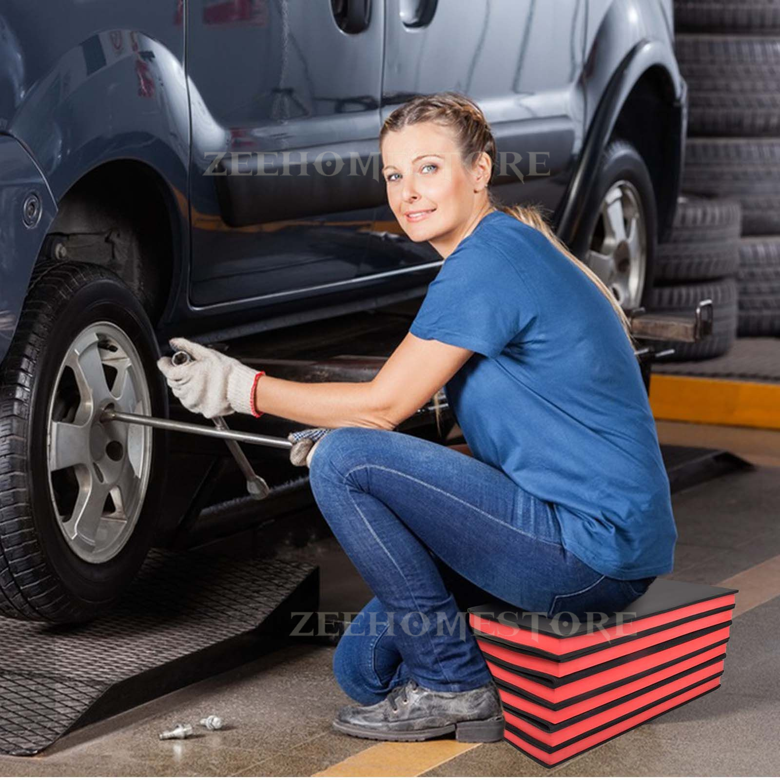 DNA MOTORING Foldable Kneeling Pad - Extra Thick 1.6" Foam Mat For Auto Work & Gardening
