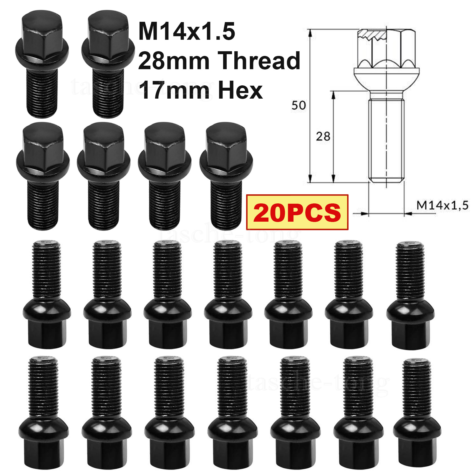 10x Wheel Bolts M14 X 1.5 – 17mm Hex Head, 60° Seat, 60mm Length – Fits VW, Audi, Seat, Skoda